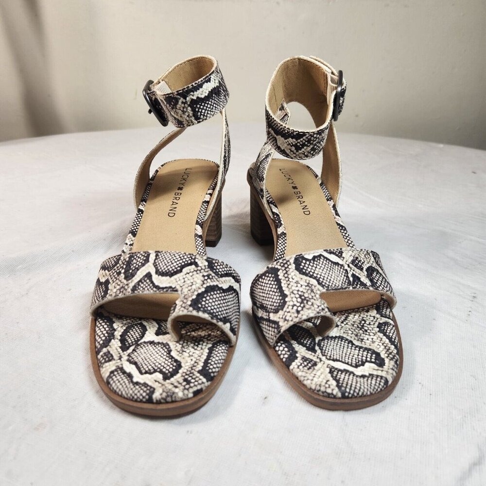 Lucky Brand Size 7.5 Women' Sandals Loklin Snake Print Ankle Strap Brown (32) - Picture 8 of 11